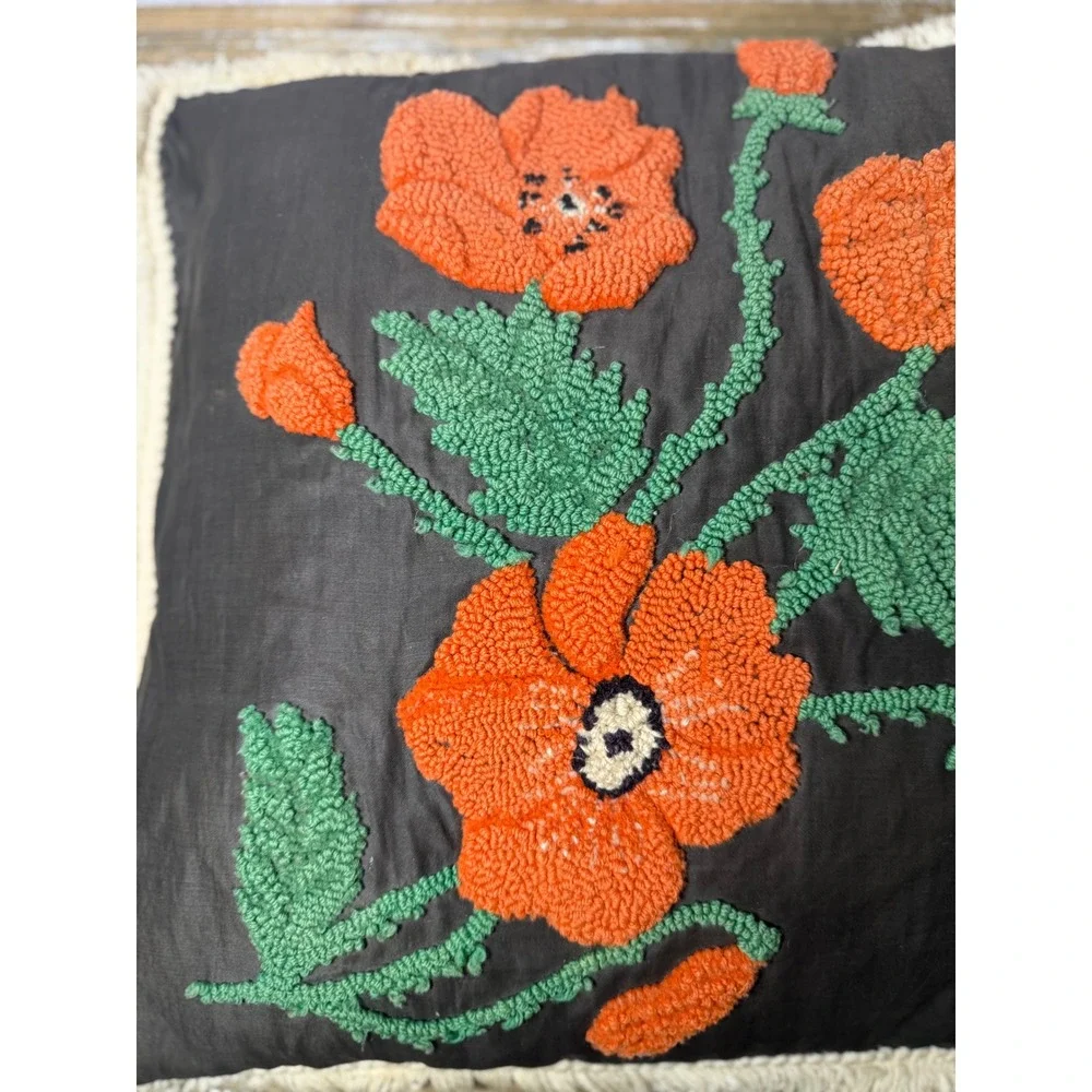 Vintage Floral Throw Pillow Orange Poppy Fringe Trim Boho Cottagecore 1970s 17